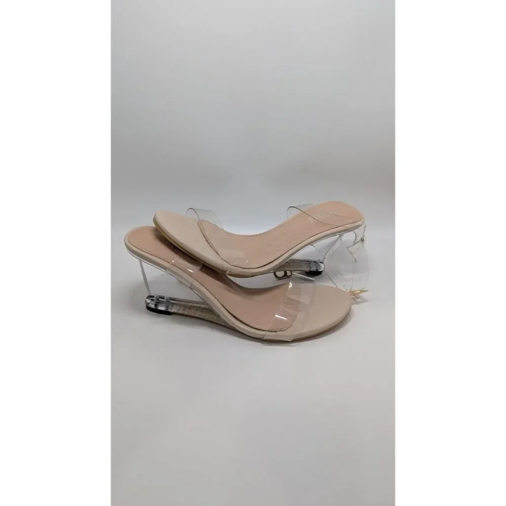 Clear Strap Nude Wedge Sandals - Women's Slip-On Heels